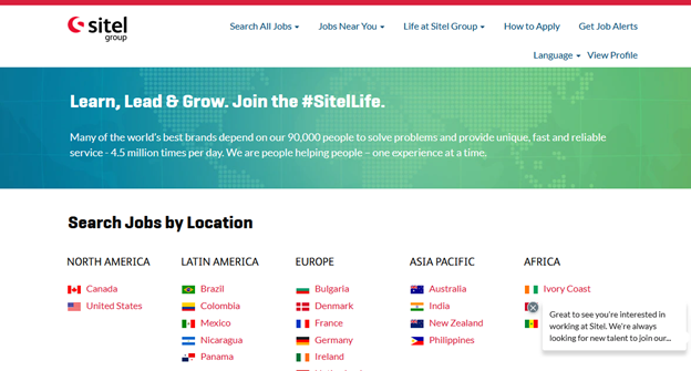 Sitel's work from home job landing page