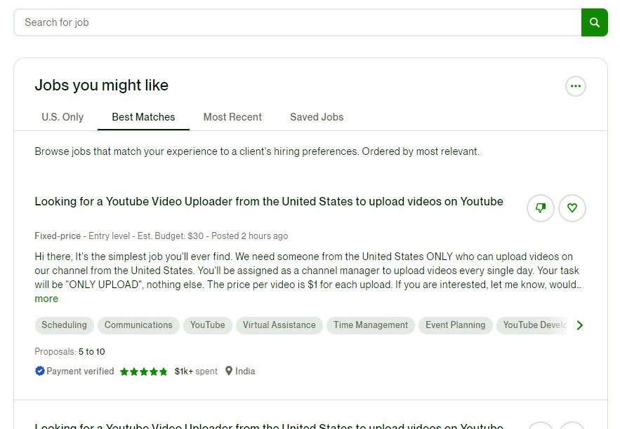 Screenshot of job listings on Upwork.
